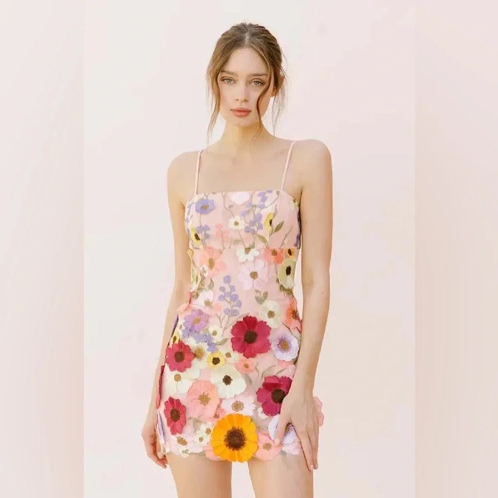 Storia Multi Floral Appliqué Mini Dress - Pink andYellow  NEW w/Tags!! - Picture 5 of 5